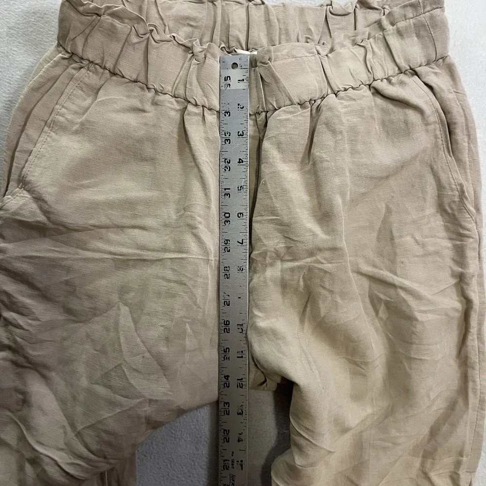 H&M Pants Women's Size 6 Beige Linen Blend Straight Leg Ruffled Stretch Waist
